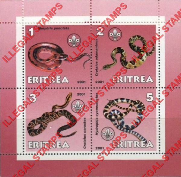Eritrea 2001 Snakes Counterfeit Illegal Stamp Souvenir Sheet of 4 Eritrea 2001 Snakes Counterfeit Illegal Stamp Souvenir Sheet of 4